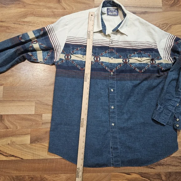 Western Essentials by Karman Shirt XL Vintage Aztec Chambray Denim Button-Up - Picture 7 of 9